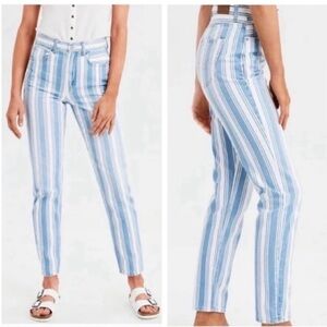 American Eagle Mom Jeans in Retro Indigo Stripe blue white high rise size four